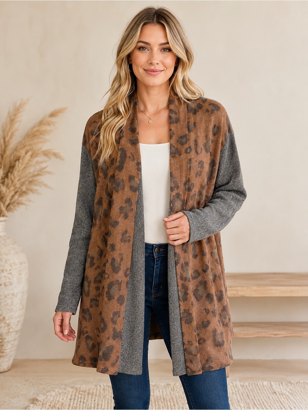 Leopard-Accent Open Cardigan Sweater - Brown/Gray
